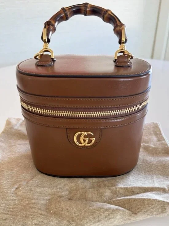 Gucci Brown Leather Bamboo Top Handle Plaque Mini Vanity Bag Cross Body - Picture 3 of 10